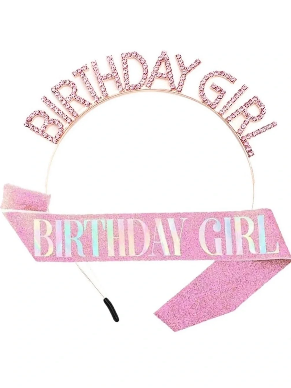New Pink & Rhinestone Birthday Girl Headband and Glitter Party Sash